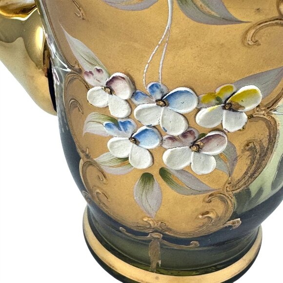 Venetian Green Glass Teapot 24K Gold Overlay Murano Hand Painted Enamel Flowers - Picture 5 of 11